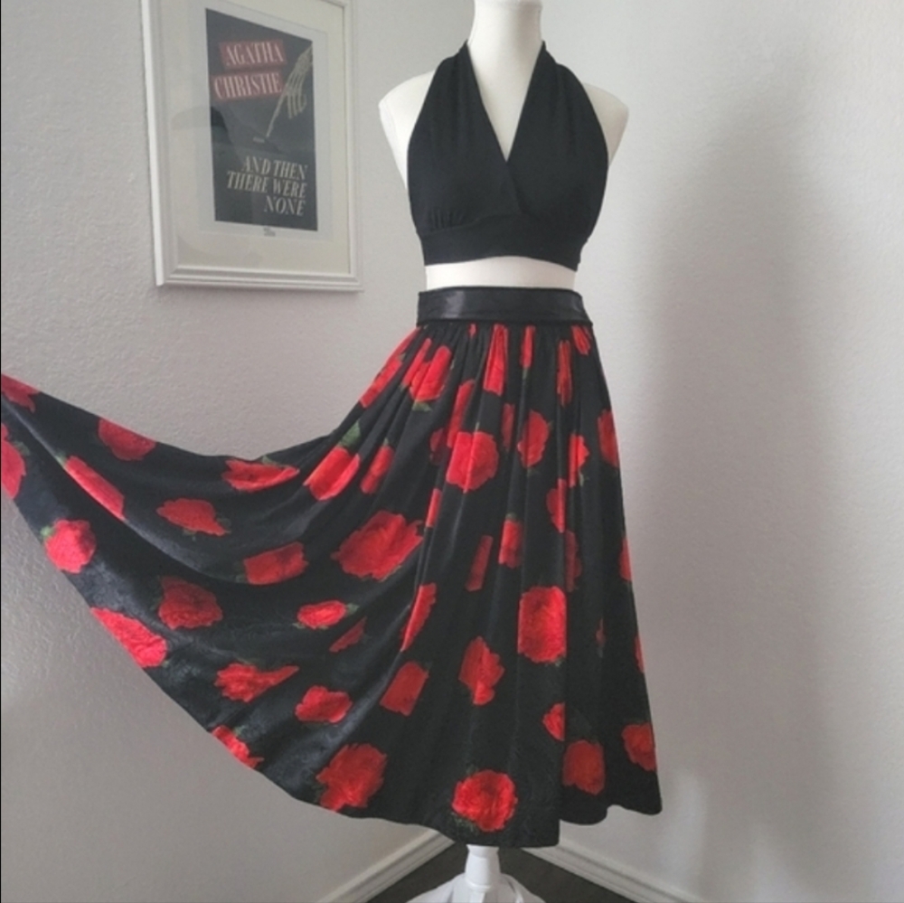 Vintage Black Maxi Skirt with Red Floral Print